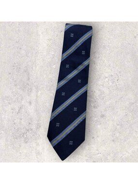 DAKS Silk Tie ITALY Navy Blue Gold Striped Monogram Logo W:3.4" EUC